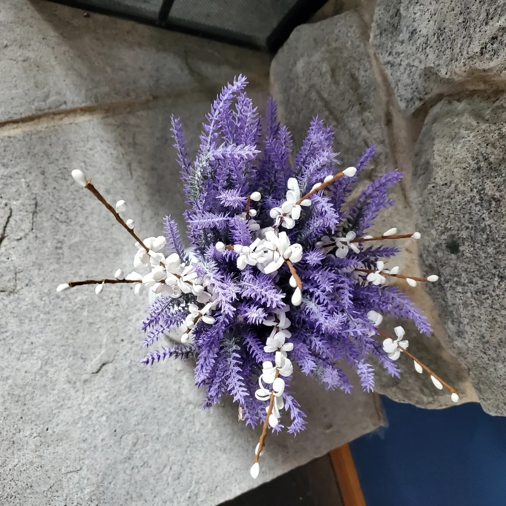 Lavender Artificial Flowers in Milk Jug Metal Vase